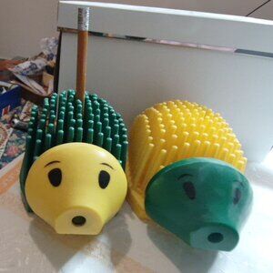 Vintage Hedgehog Pencil Holder & Sharpener Set | Green & Yellow | Retro Office